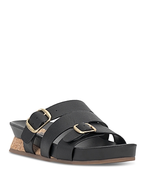 Vince Camuto Freoda Double Buckle Platform Slide Sandals In Black Leather