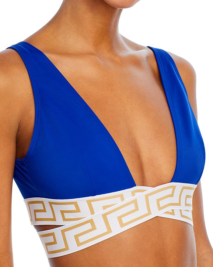 Shop Versace Greca Border Triangle Bikini Top In Royal Blue