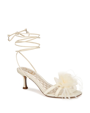 Shop Sam Edelman Women's Pammie Square Toe Flower Embellished Strappy Mid Heel Sandals In Pearl Ivory