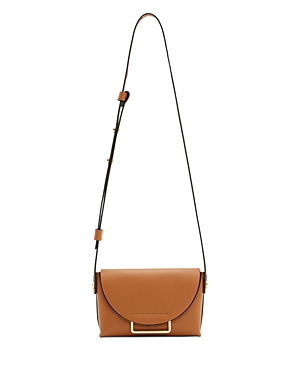 Allsaints Francine Branded-hardware Leather Crossbody Bag In Desert Tan/light Gold