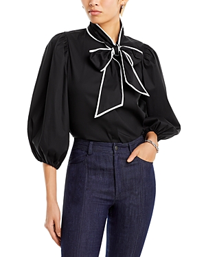 Shop Alice And Olivia Lou Blouson Sleeve Top In Black/off White
