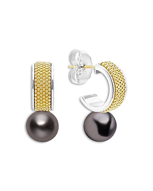 Shop Lagos 18k Yellow Gold & Sterling Silver Luna Black Tahitian Pearl Half Hoop Earrings In Black/gold
