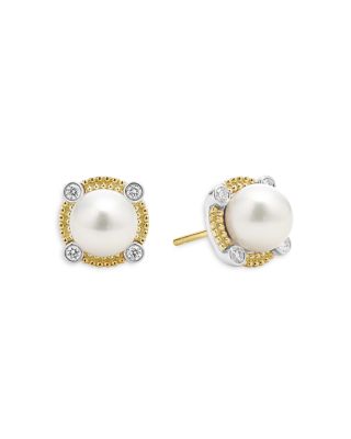 LAGOS - 18K Yellow Gold & Sterling Silver Luna Cultured Freshwater Pearl & Diamond Stud Earrings