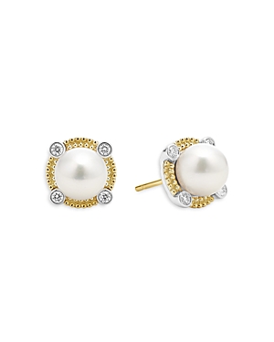 Shop Lagos 18k Yellow Gold & Sterling Silver Luna Cultured Freshwater Pearl & Diamond Stud Earrings In White/gold