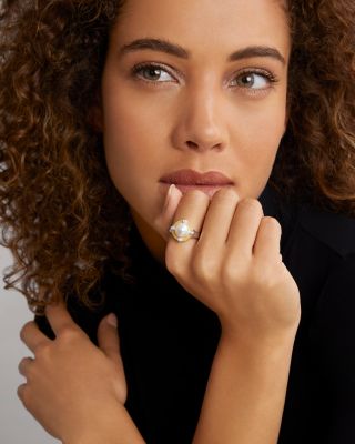 18K Yellow Gold & Sterling Silver Luna Cultured Freshwater Pearl & Diamond Halo Ring