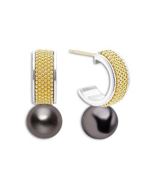 18K Yellow Gold & Sterling Silver Luna Black Tahitian Pearl Half Hoop Earrings