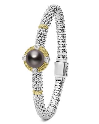 18K Yellow Gold & Sterling Silver Luna Black Tahitian Pearl & Diamond Caviar Bead Bracelet