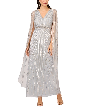 Shop Adrianna Papell Beaded Cape Gown In Glacier