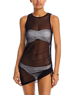 Shop Aqua Swim Mesh Drawstring Mini Dress Swim Cover-up - 100% Exclusive In Black