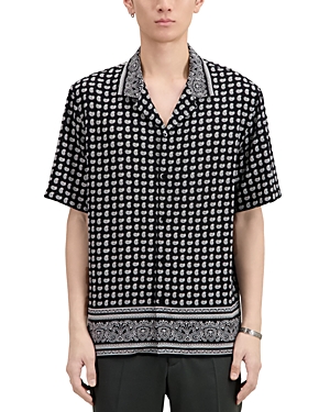 Shop The Kooples Paisley Print Straight Fit Short Sleeve Button Down Camp Shirt In Black/ White