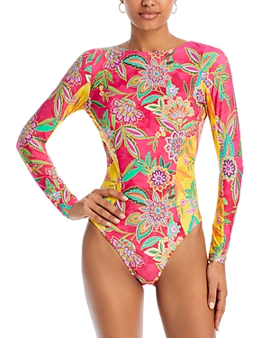 Shop Johnny Was Kaleida And Flamingo Printed Long Sleeve One Piece Swimsuit In Multi