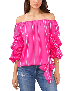 Vince Camuto Off The Shoulder Stripe Blouse In Hot Pink