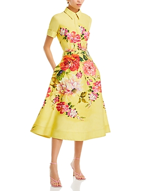 Teri Jon By Rickie Freeman Bold Floral Border Print Shirt Waist Midi Dress In Yellow Multi