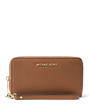 Shop Michael Kors Michael  Multi-function Flat Large Saffiano Leather Smartphone Wristlet In Luggage
