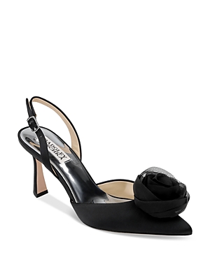 Shop Badgley Mischka Women's Carlise Pointed Toe Flower Accent High Heel Pumps In Black Satin