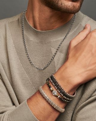 Men's Sterling Silver Anthem Obsidian Bead Skull Stretch Bracelet - Exclusive