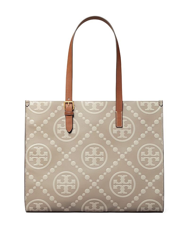 Tory Burch T Monogram Contrast Embossed Leather Tote In Longan/new Cream/gold