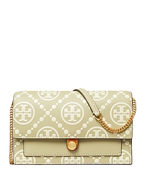 Shop Tory Burch T Monogram Contrast Embossed Leather Chain Wallet In Olive Sprig/gold