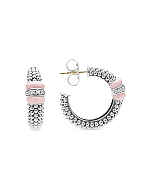 Lagos 18K Yellow Gold & Sterling Silver Pink Caviar Diamond & Pink Ceramic Bead Hoop Earrings