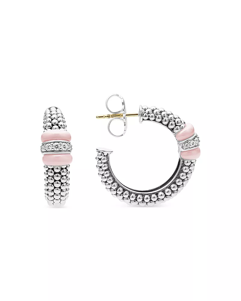 Lagos 18K Yellow Gold & Sterling Silver Pink Caviar Diamond & Pink Ceramic Bead Hoop Earrings