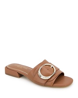 Kenneth Cole Women's Ingrid Square Toe Buckle Detail Slide Sandals In Cognac Leather