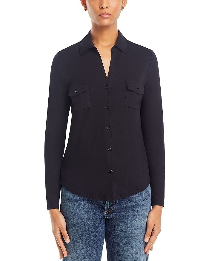 Shop Majestic Point Collar Button Front Shirt In Marine