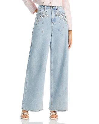 デニム・ジーパン Self-Portrait Jeans With Rhinestone Bows Self-Portrait Rhinestone Bow High-Rise Straight-Leg Jeans
