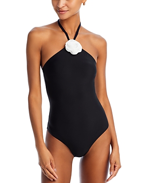 Shop Aqua Rosette One Piece Halter Swimsuit In Black