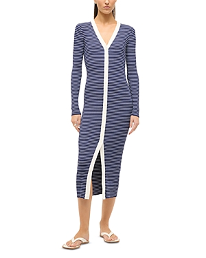 Shop Staud Shoko Sweater Dress In Navy Micro Stripe