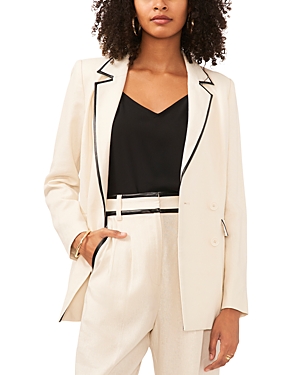 Shop Vince Camuto Faux Leather Trim Double Breasted Blazer In Bone