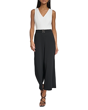 Shop Karl Lagerfeld Sleeveless Colorblock Cropped Jumpsuit In Soft White/black