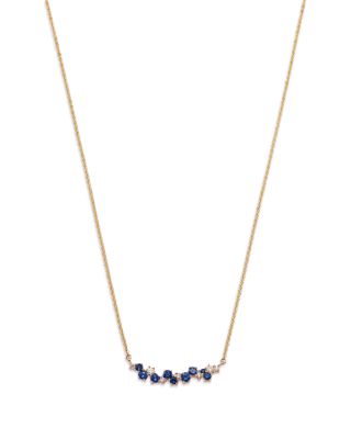 Blue Sapphire & Diamond Curved Bar Necklace in 14K Yellow Gold, 18"