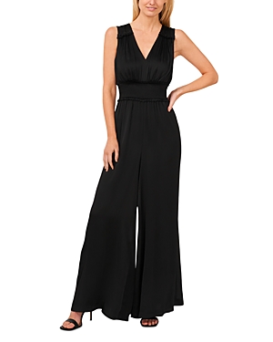 Cece Smocked Waist Sleeveless Wide Leg Jumpsuit In Rich Black