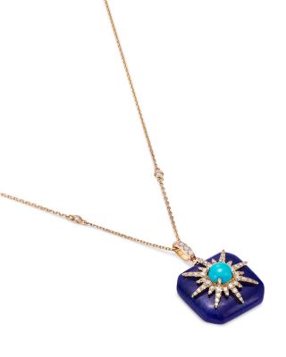 Lapis, Turquoise, & Diamond Starburst Pendant Necklace in 14K Yellow Gold, 18"