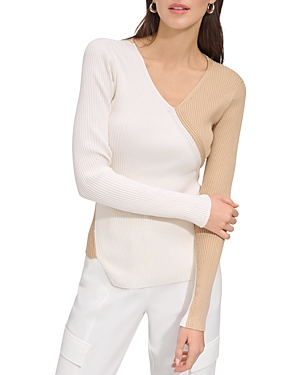 Shop Dkny Ribbed Colorblocked Sweater In Ivory/sand