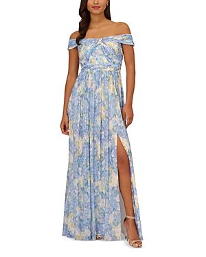 Shop Adrianna Papell Pleated Off-the-shoulder Gown In Blue Multi