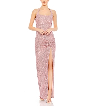 Shop Mac Duggal Sequined Halter Strap Low Side Knot Gown In Rose