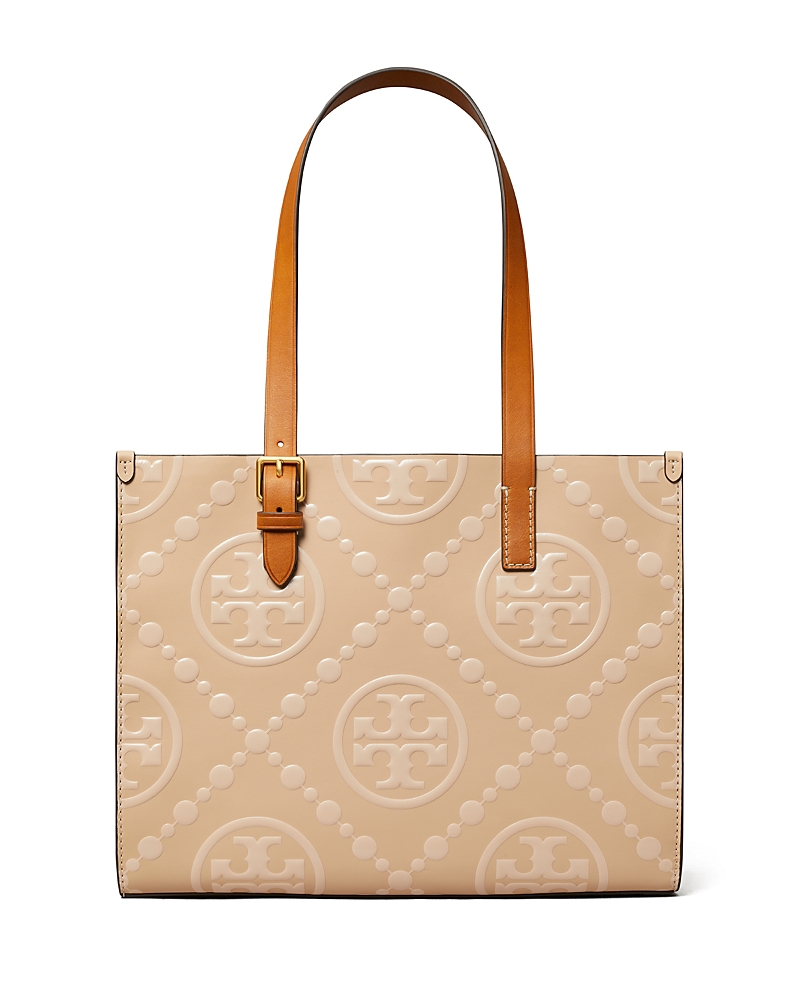 Tory Burch T Monogram Small Contrast Embossed Tote In Warm Chai/gold