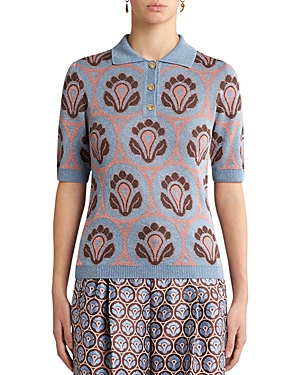 Shop Etro Shimmer Knit Short Sleeve Polo In Print On Pale Blue Base