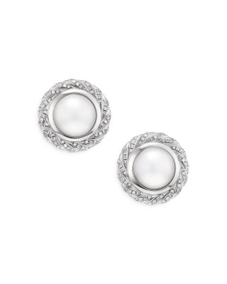 David Yurman - Sterling Silver Pearl South Sea White Pearl & Diamond Halo Button Stud Earrings