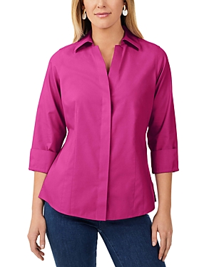 Foxcroft Olivia Smocked Cuff Cotton Blend Button-up Shirt In Fuchsia