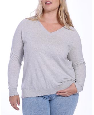  Plus Size Cotton Distressed Long Sleeve V-Neck Sweater