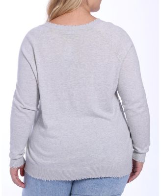  Plus Size Cotton Distressed Long Sleeve V-Neck Sweater