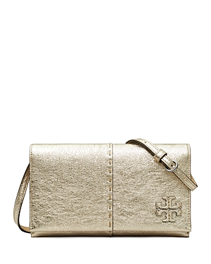Shop Tory Burch Mcgraw Metallic Leather Wallet Crossbody In Gold