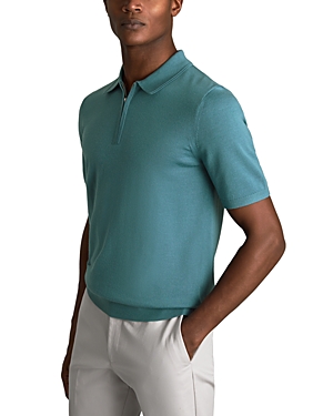 Shop Reiss Maxwell Slim Fit Merino Wool Quarter Zip Short Sleeve Polo Shirt In Ocean Green