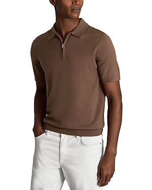 Shop Reiss Maxwell Slim Fit Merino Wool Quarter Zip Short Sleeve Polo Shirt In Pecan Brown