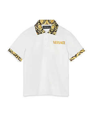 Shop Versace Boys' Barocco Trim Cotton Pique Polo Shirt - Little Kid In White+black