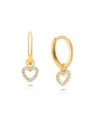 Tiny Blessings - Girls' 14K Gold Pave Heart Drop Classic 11mm Huggie Hoop Earrings - Little Kid, Big Kid