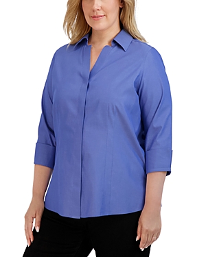Shop Foxcroft Plus Taylor Blouse In Dark Chambray
