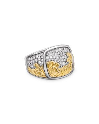 David Yurman - Men's Waves Signet Ring in Sterling Silver with 18K Yellow Gold and Diamonds, 18.8mm